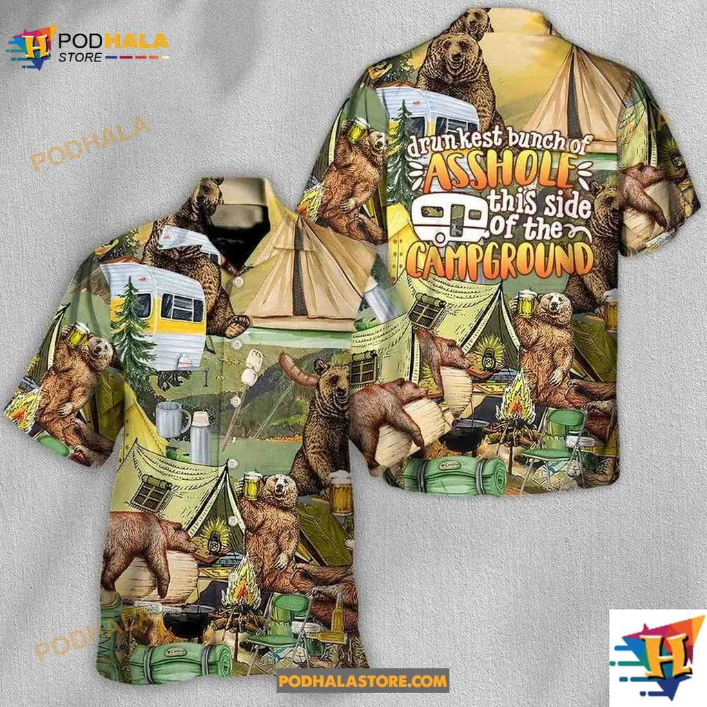 Funny Camping Bear Aloha Shirt With Humorous Camping Design
