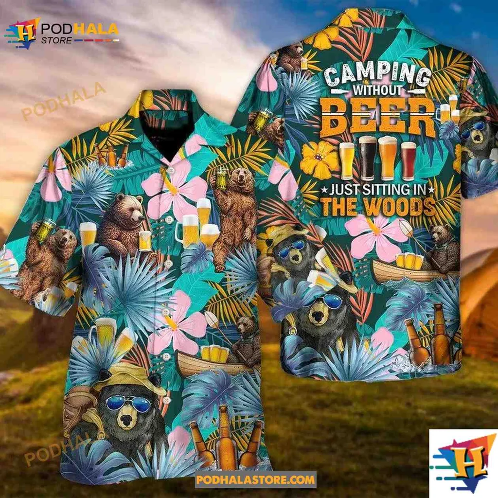 Funny Camping Bear Hawaiian Shirt Featuring Camping Without Beer Design