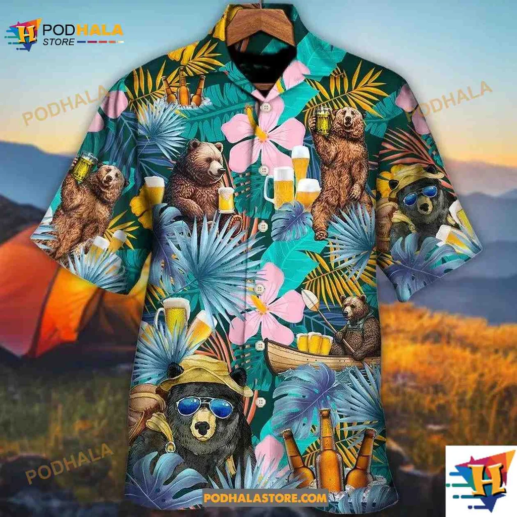 Funny Camping Bear Aloha Shirt Featuring Camping Without Beer Design Funny Camping Bear Aloha Shirt Featuring Camping Without Beer Design