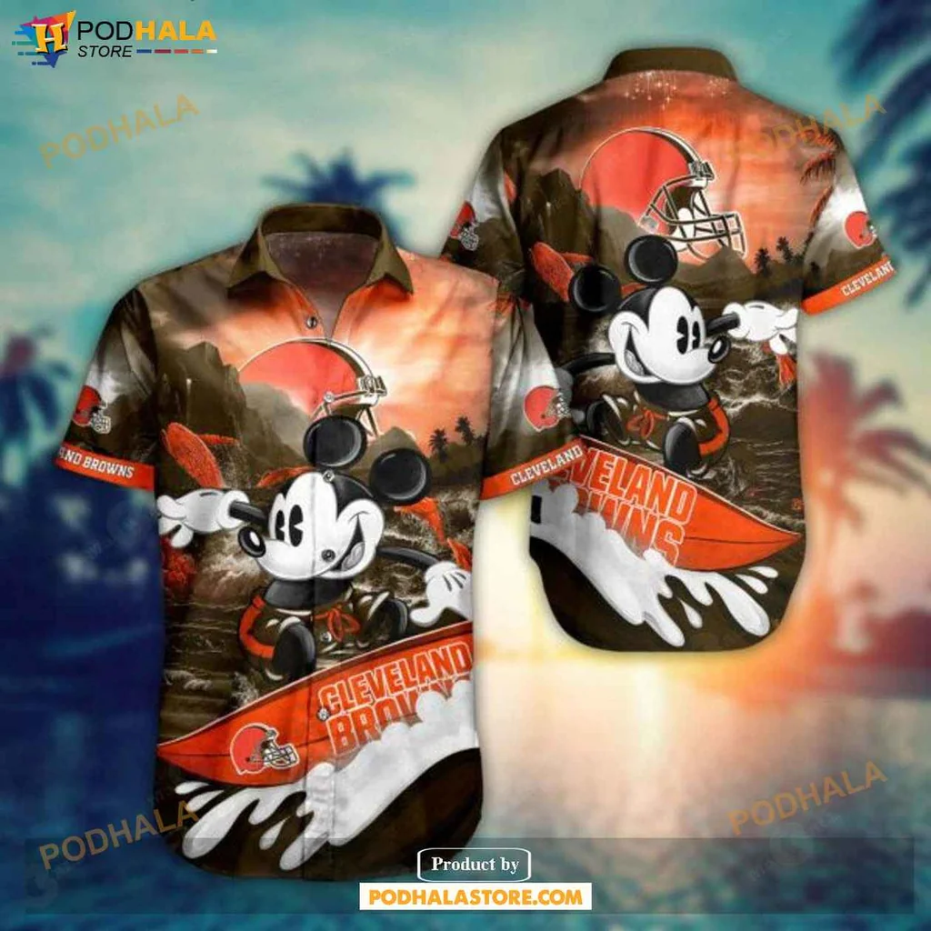 Funny Cartoon Cleveland Browns Shirt, Vibrant Summer Design With Palm Trees And Sunset