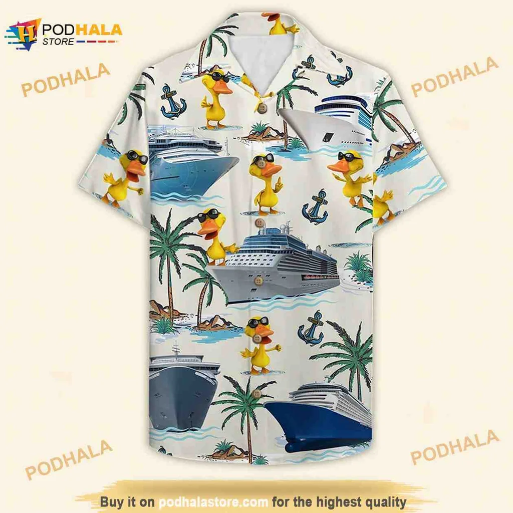 Funny Cartoon Ducks Hawaiian Shirt With Cruise Ships And Palm Trees