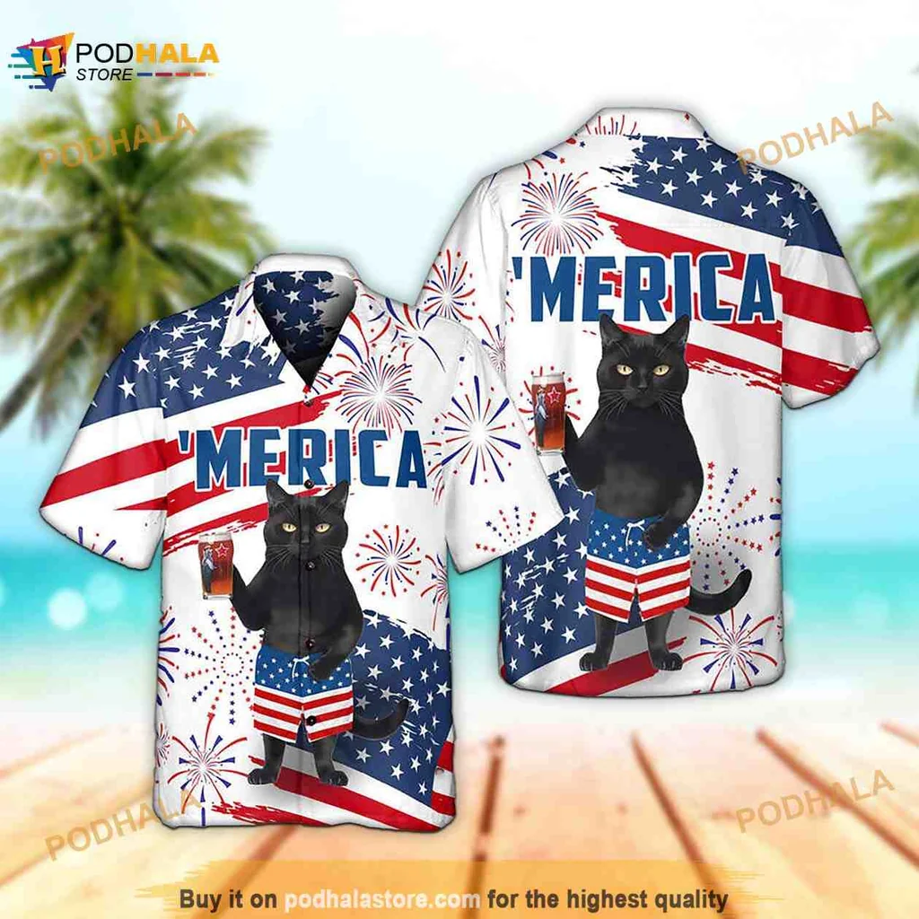 Funny Cat America Hawaiian Shirt With Fireworks And American Flag
