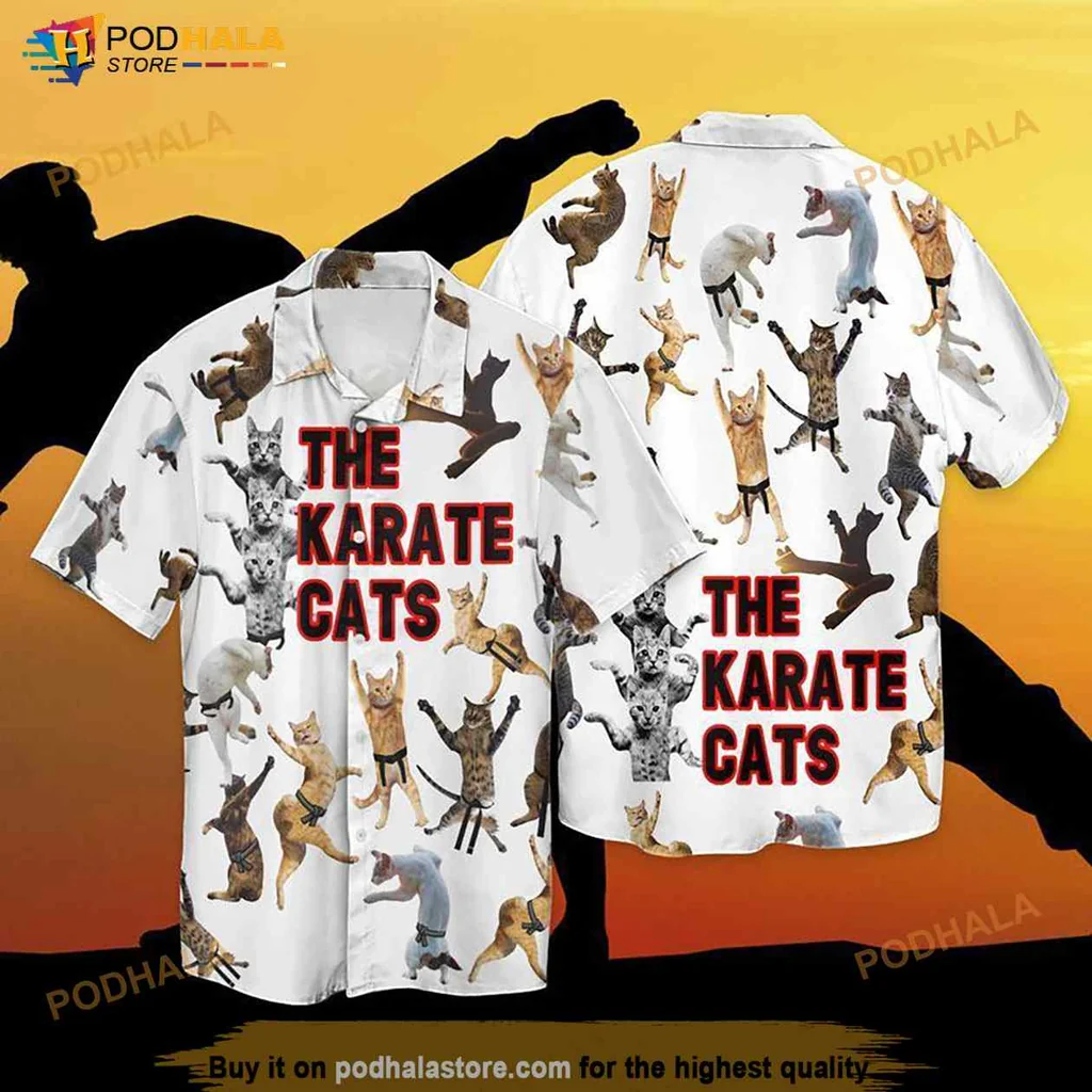 Funny Cat Karate Hawaiian Shirt Featuring The Karate Cats Design