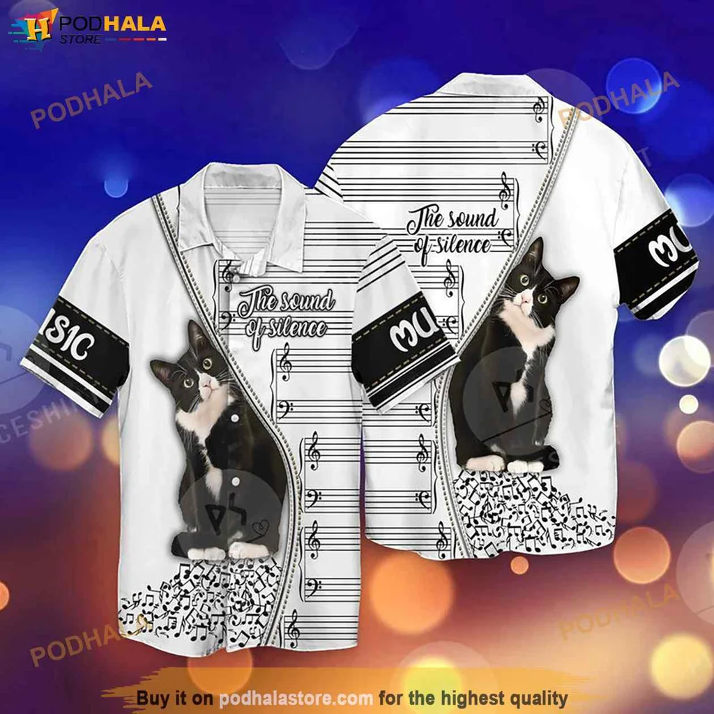 Funny Cat Music Hawaiian Shirt, Relaxed Cat On Musical Staff Design