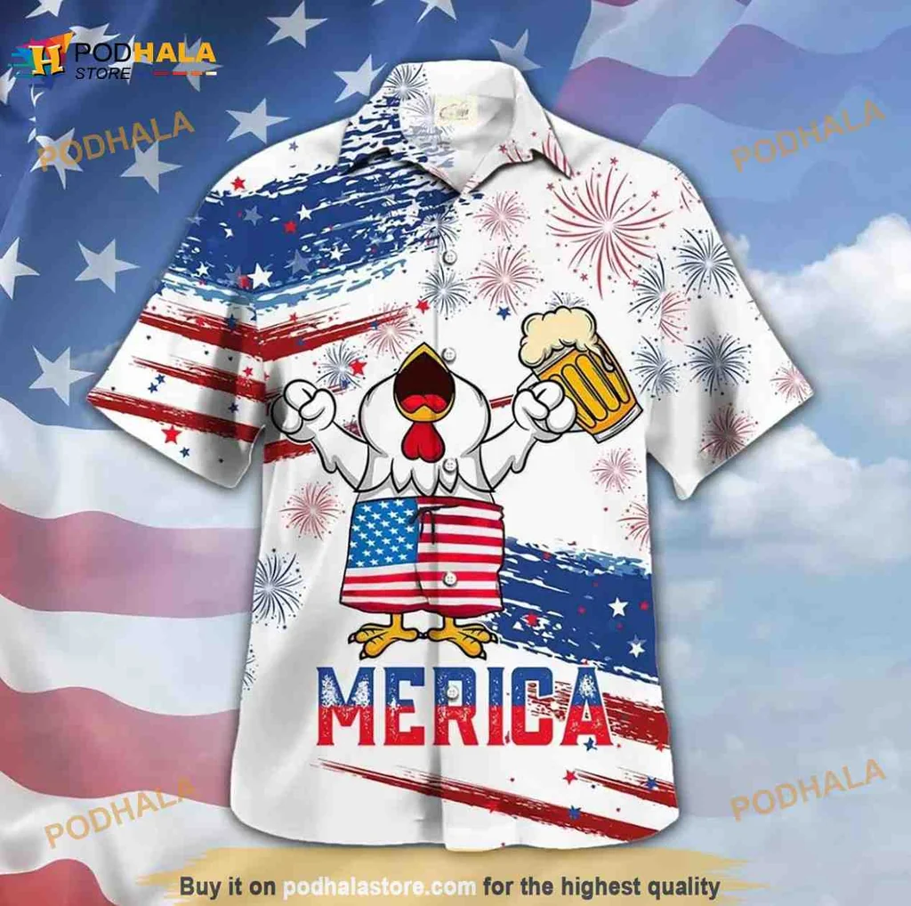 Funny Chicken Beer Hawaiian Shirt With American Flag Design