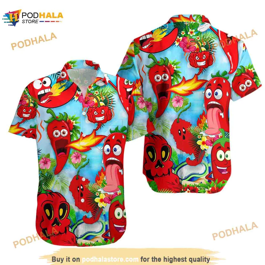 Funny Chili Peppers Hawaiian Shirt With Cartoonish Design And Tropical Elements