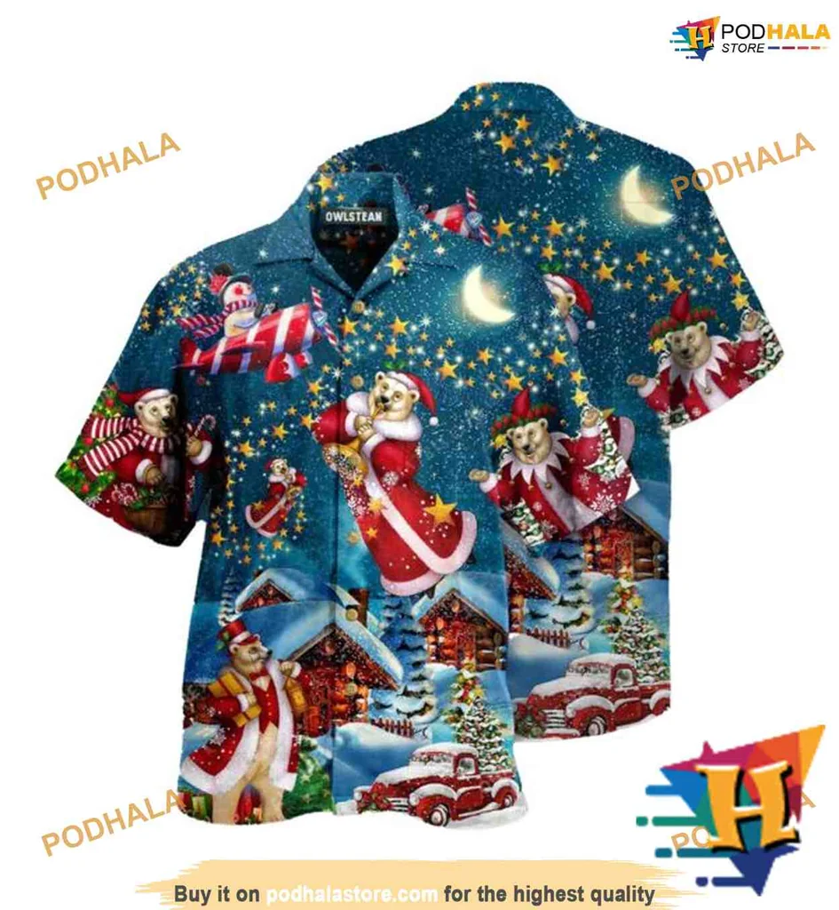 Funny Christmas Bear Aloha Shirt With Santa And Holiday Cheer