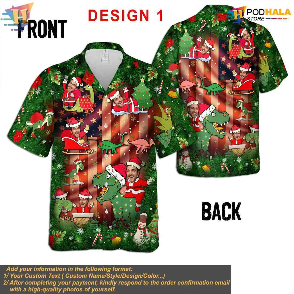 Funny Christmas Dinosaur Hawaiian Shirt With Santa Hats And Festive Design