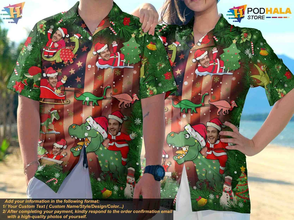 Funny Christmas Dinosaur Short-sleeve button-up shirt With Santa Hats And Festive Design Funny Christmas Dinosaur Short-sleeve button-up shirt With Santa Hats And Festive Design