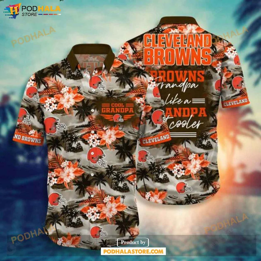 Funny Cleveland Browns Hawaiian Shirt, Cool Grandpa Design With Palm Trees And Team Colors
