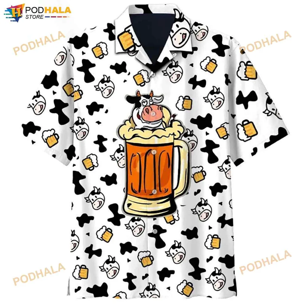 Funny Cow Beer Hawaiian Shirt With Cartoon Cows And Mugs