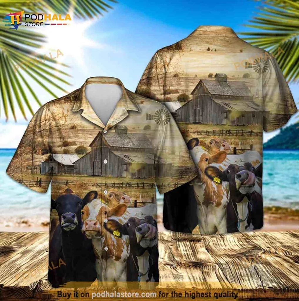 Funny Cow Farm Hawaiian Shirt With Rustic Barn And Pastoral Landscape