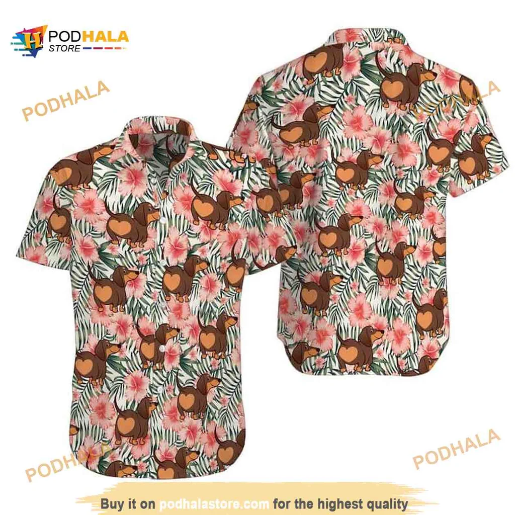Funny Dachshund Hawaiian Shirt With Tropical Floral Design