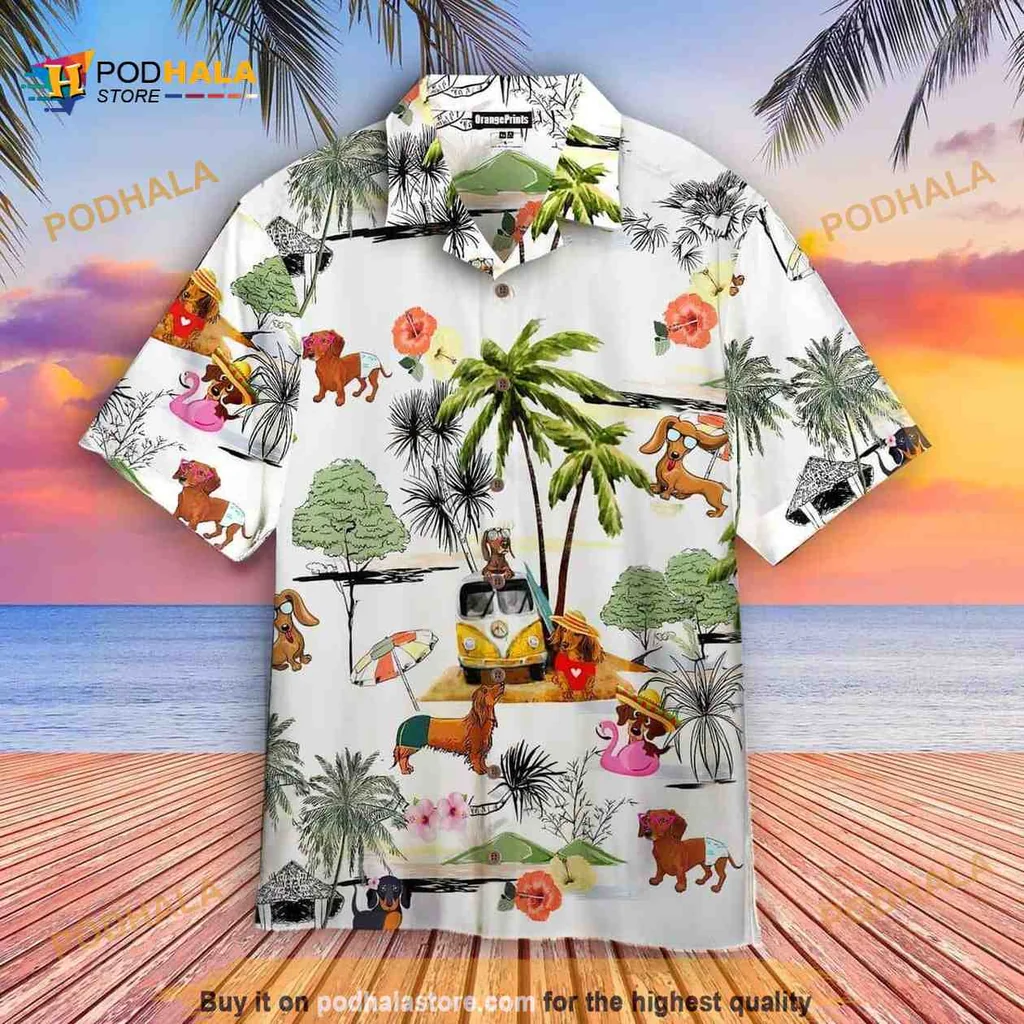 Funny Dachshund Tropical Hawaiian Shirt With Sunglasses And Palm Trees