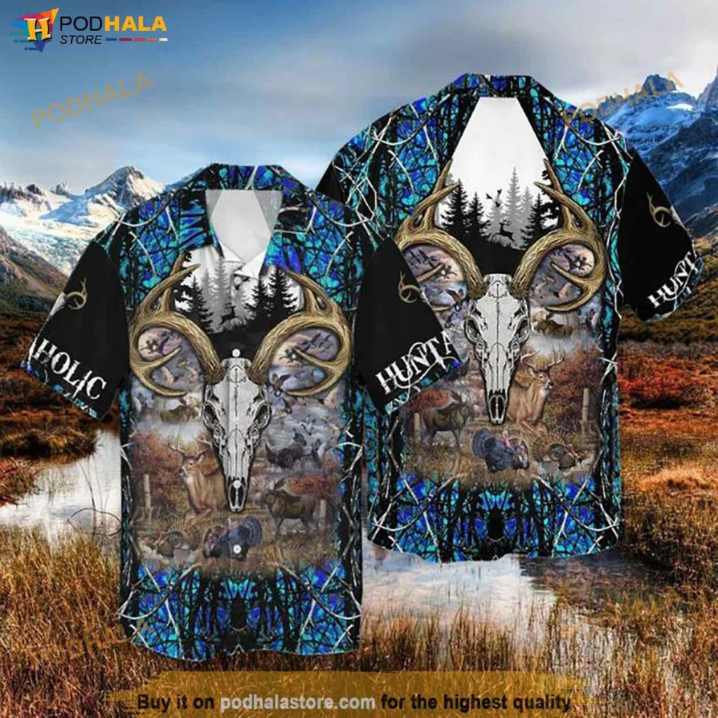 Funny Deer Hunting Hawaiian Shirt, Bold Antler Skull Design With Forest Scene