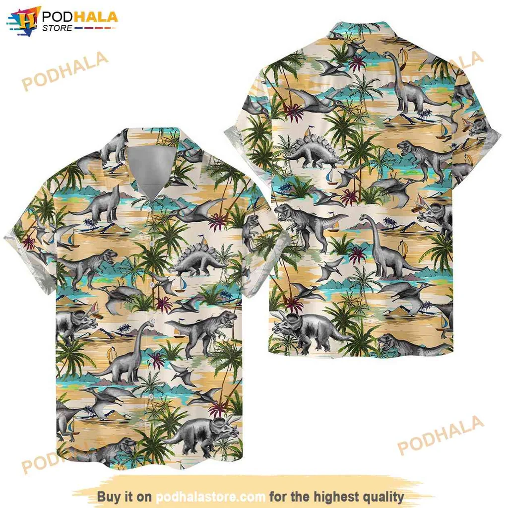 Funny Dinosaur Aloha Shirt, Tropical Button Down With Brontosaurus And T Rex
