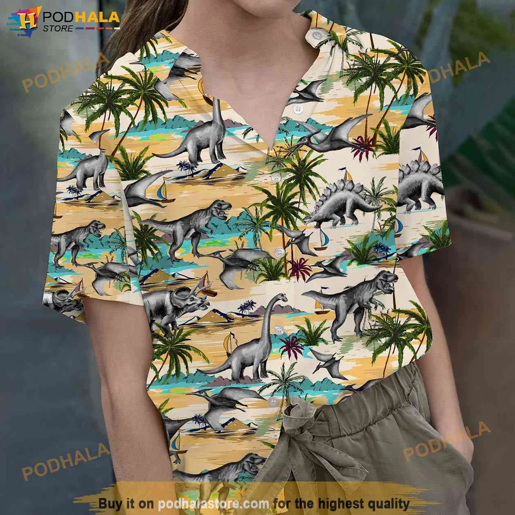 Funny Dinosaur Tropical Shirt, Tropical Button Down With Brontosaurus And T Rex Funny Dinosaur Tropical Shirt, Tropical Button Down With Brontosaurus And T Rex