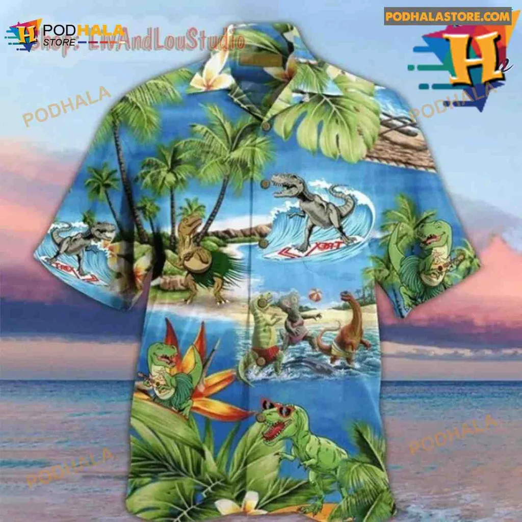 Funny Dinosaur Hawaiian Shirt Featuring T Rex Surfing And Beach Fun