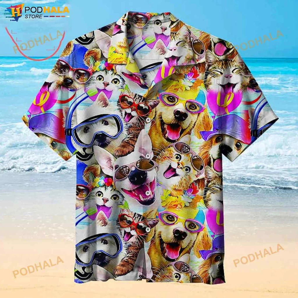 Funny Dog Cat Hawaiian Shirt With Tropical Design And Colorful Accessories
