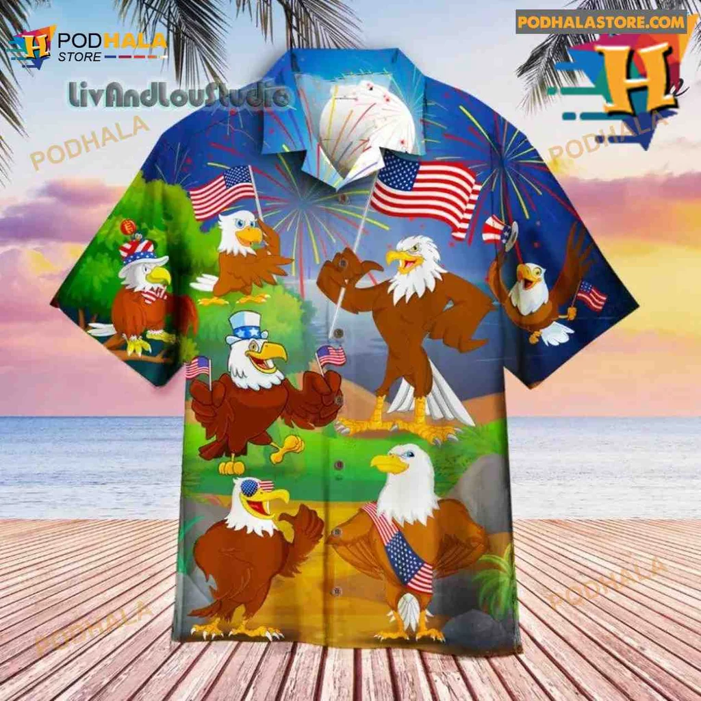 Funny Eagle American Flag Hawaiian Shirt With Cartoon Eagles