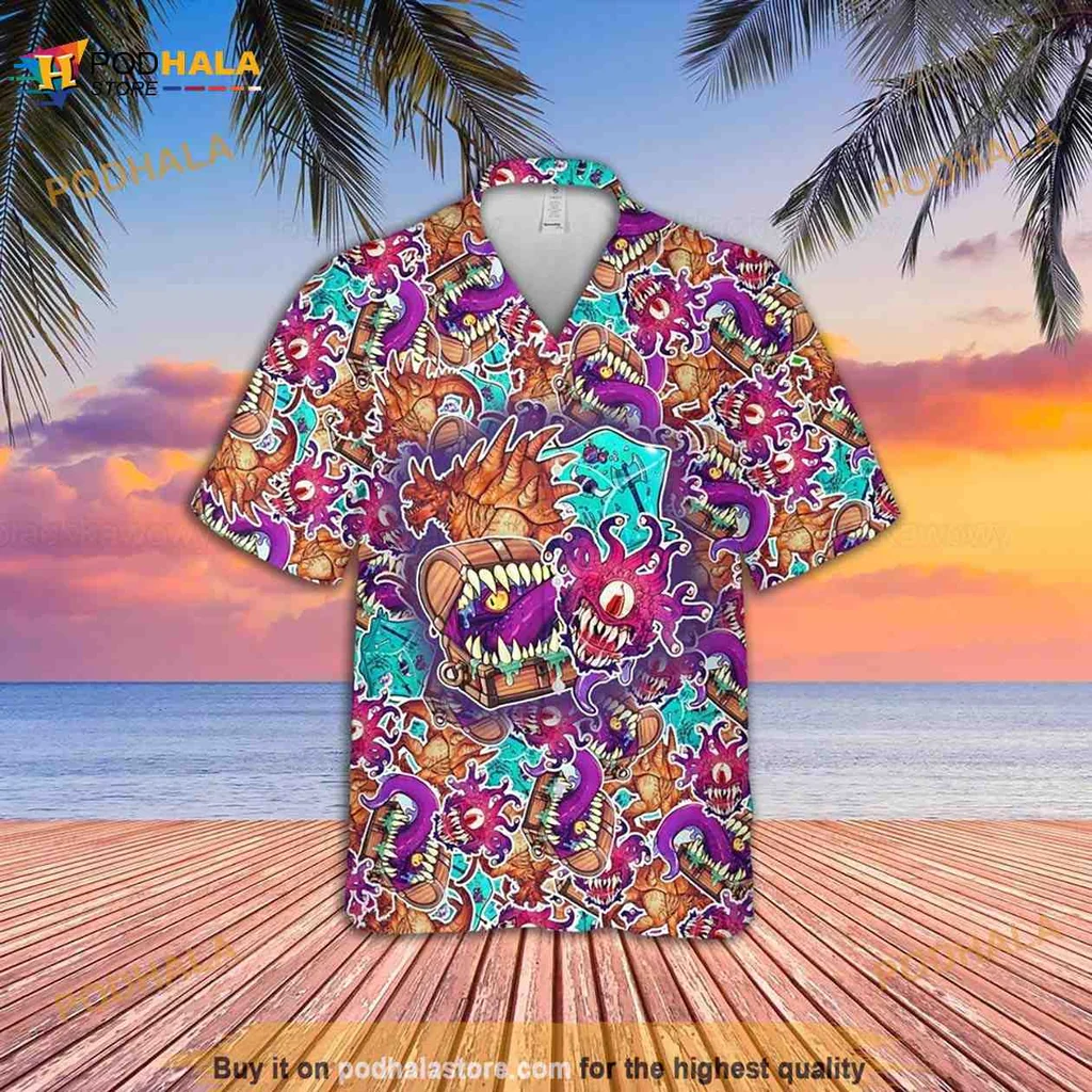 Funny Fantasy Monster Hawaiian Shirt With Colorful Dragon Illustrations