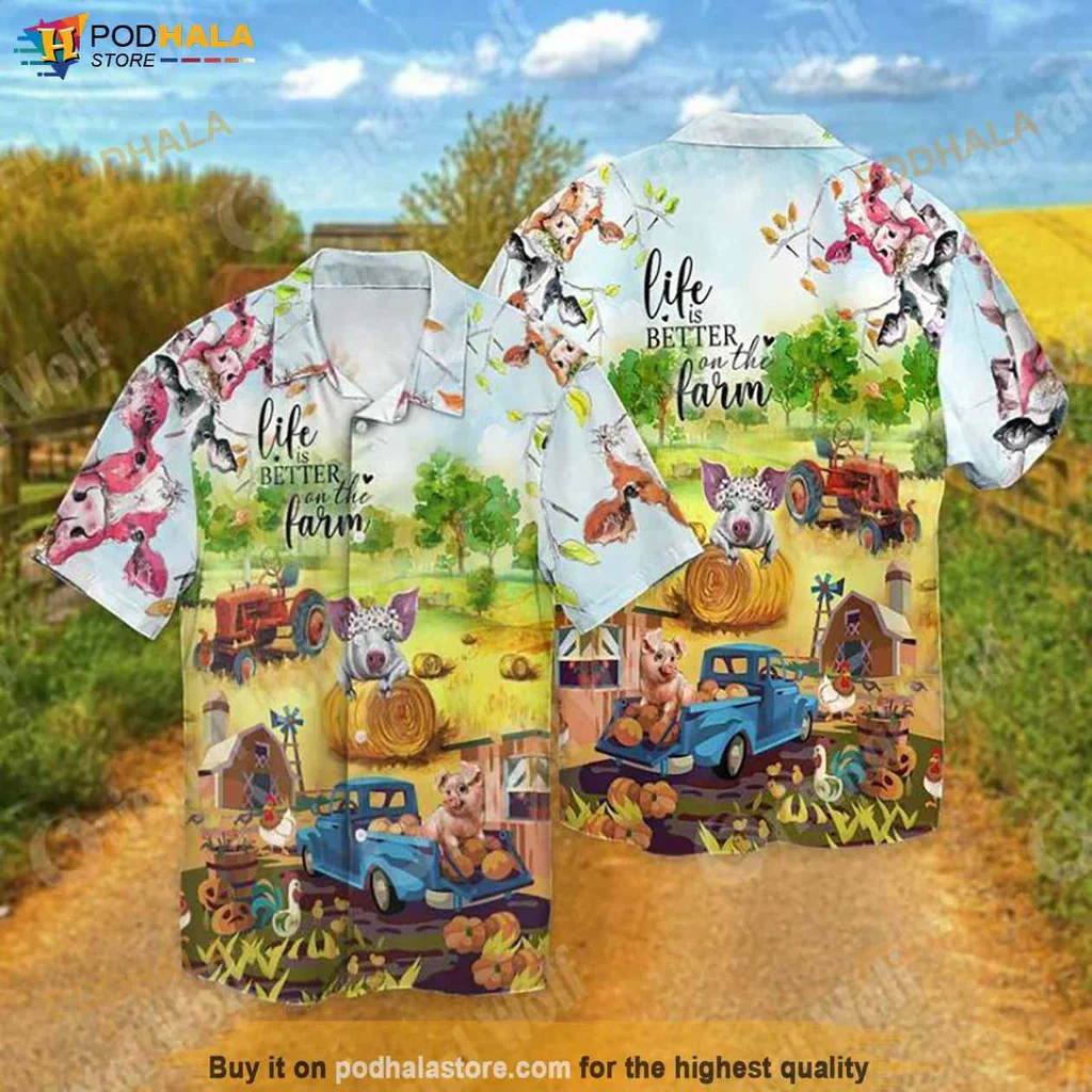 Funny Farm Lover Hawaiian Shirt, Life Is Better On The Farm Design With Tractor And Pigs