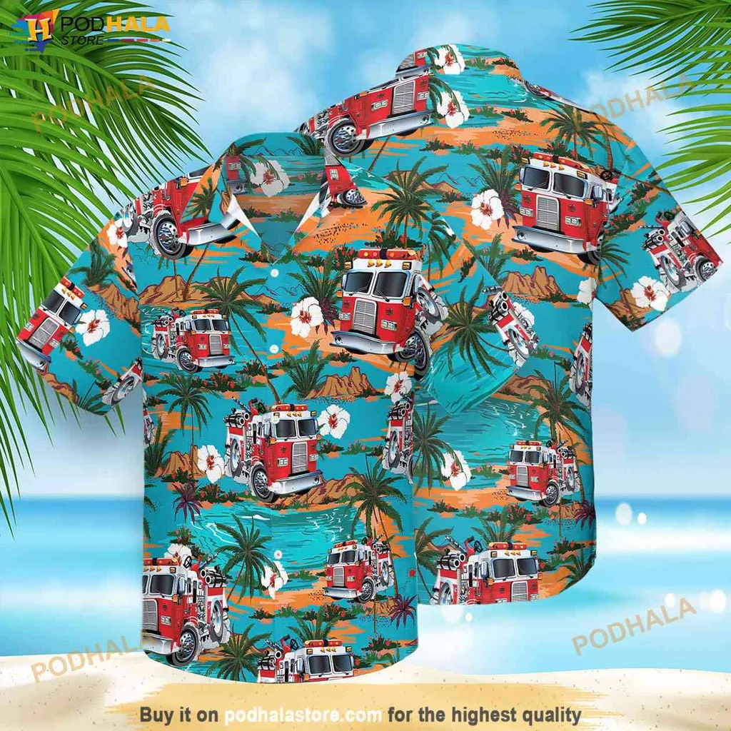 Funny Firefighter Aloha Shirt, Vibrant Fire Truck Beach Scene Summer Shirt