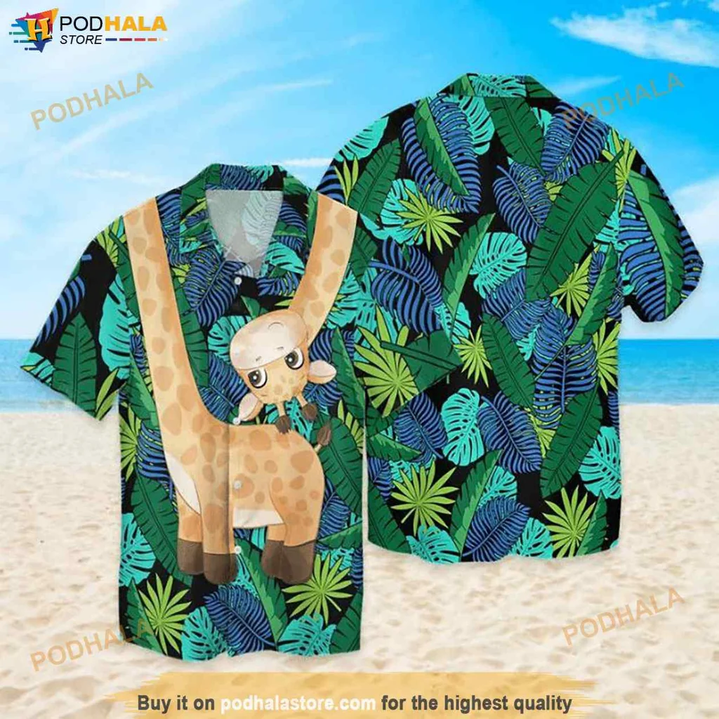 Funny Giraffe Hawaiian Shirt, Vibrant Tropical Cartoon Design For Casual Wear