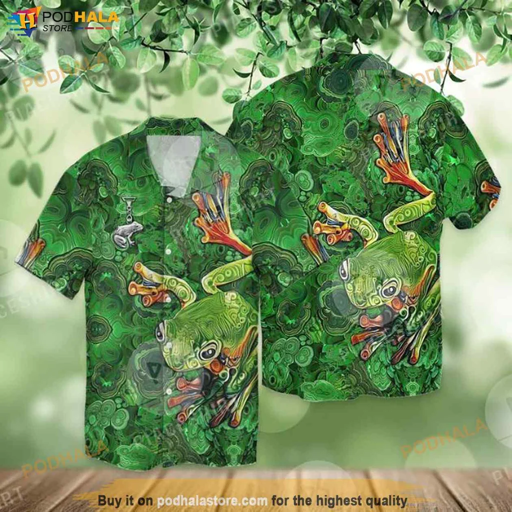 Funny Green Frog Hawaiian Shirt, Whimsical Cartoon Frog Design For Beach Lovers
