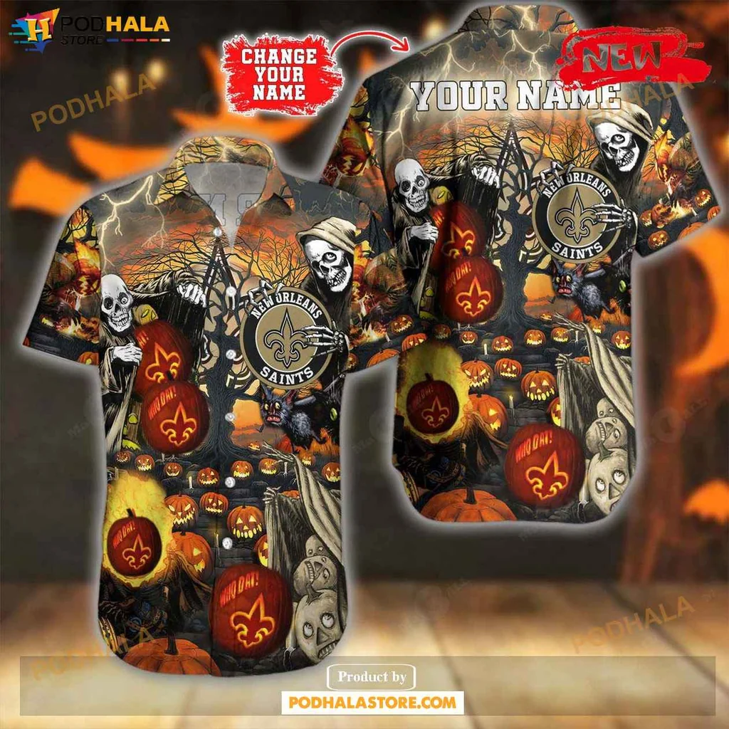 Funny Halloween Saints Hawaiian Shirt Featuring Skeletons And Pumpkins, Spooky Design
