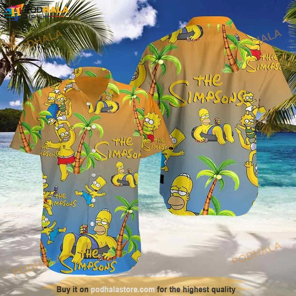 Funny Homer Simpson Hawaiian Shirt, Vibrant Tropical Design With Characters And Palm Trees