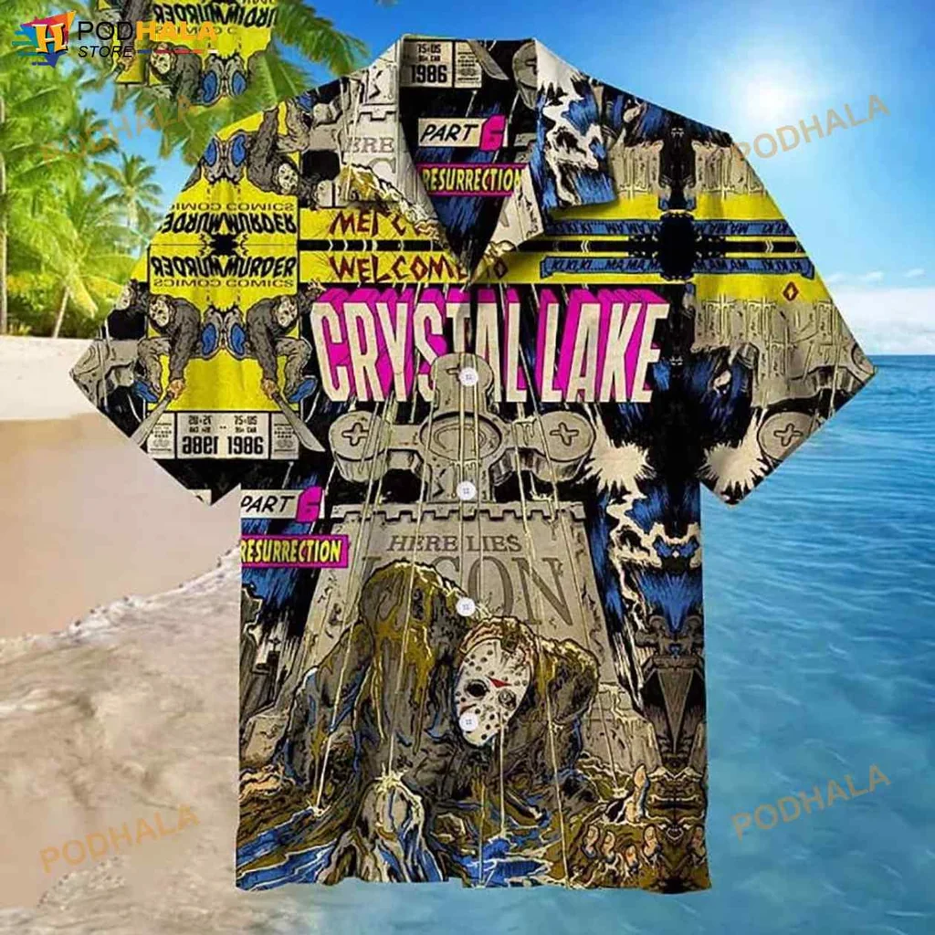 Funny Horror Themed Hawaiian Shirt, Here Lies Jason Design With Skull