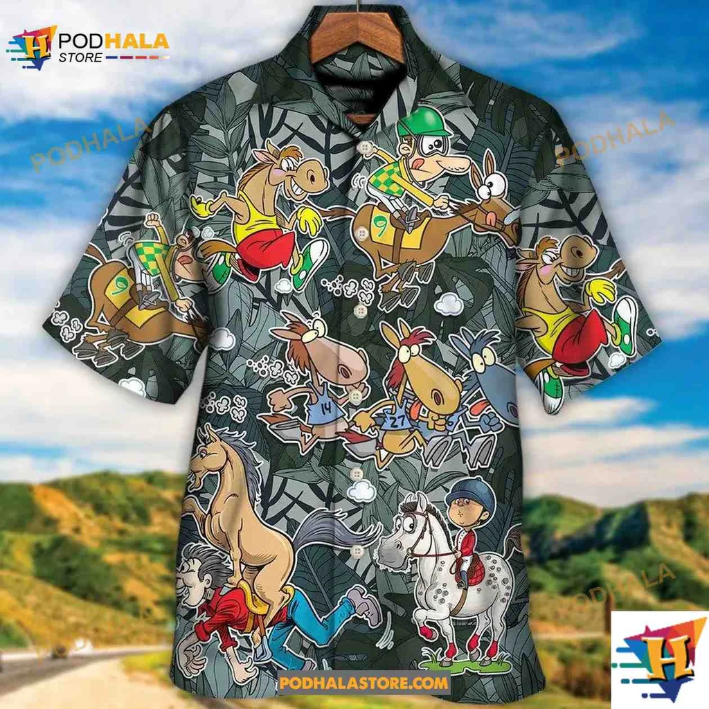 Funny Horse Racing Hawaiian Shirt With Whimsical Cartoon Horses And Jockeys
