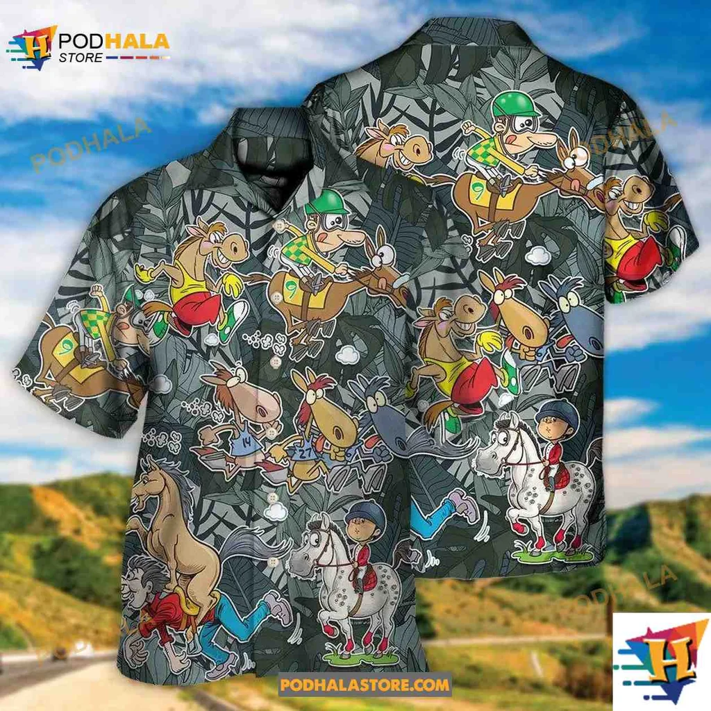 Funny Horse Racing Aloha Shirt With Whimsical Cartoon Horses And Jockeys Funny Horse Racing Aloha Shirt With Whimsical Cartoon Horses And Jockeys