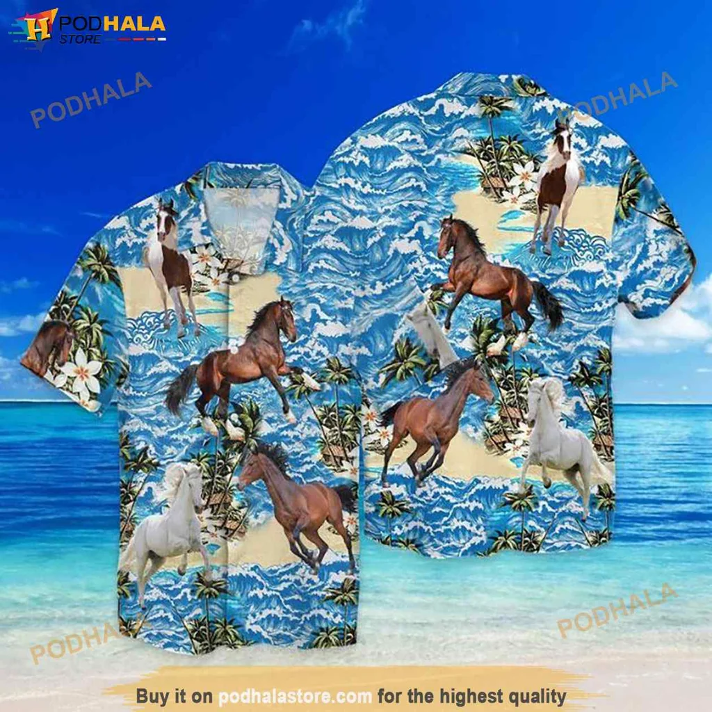 Funny Horse Tropical Hawaiian Shirt, Vibrant Horses With Ocean Waves And Palm Trees