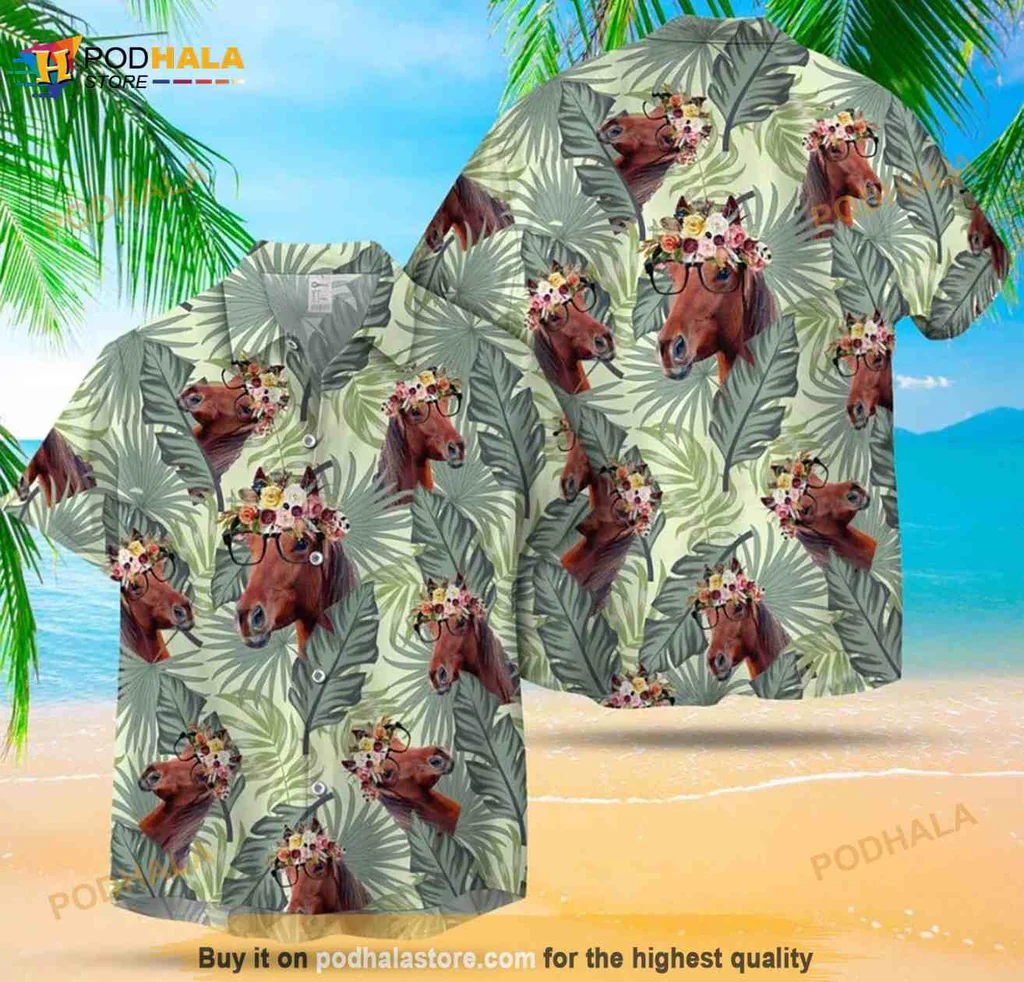 Funny Horse Tropical Hawaiian Shirt With Flower Crowns And Sunglasses