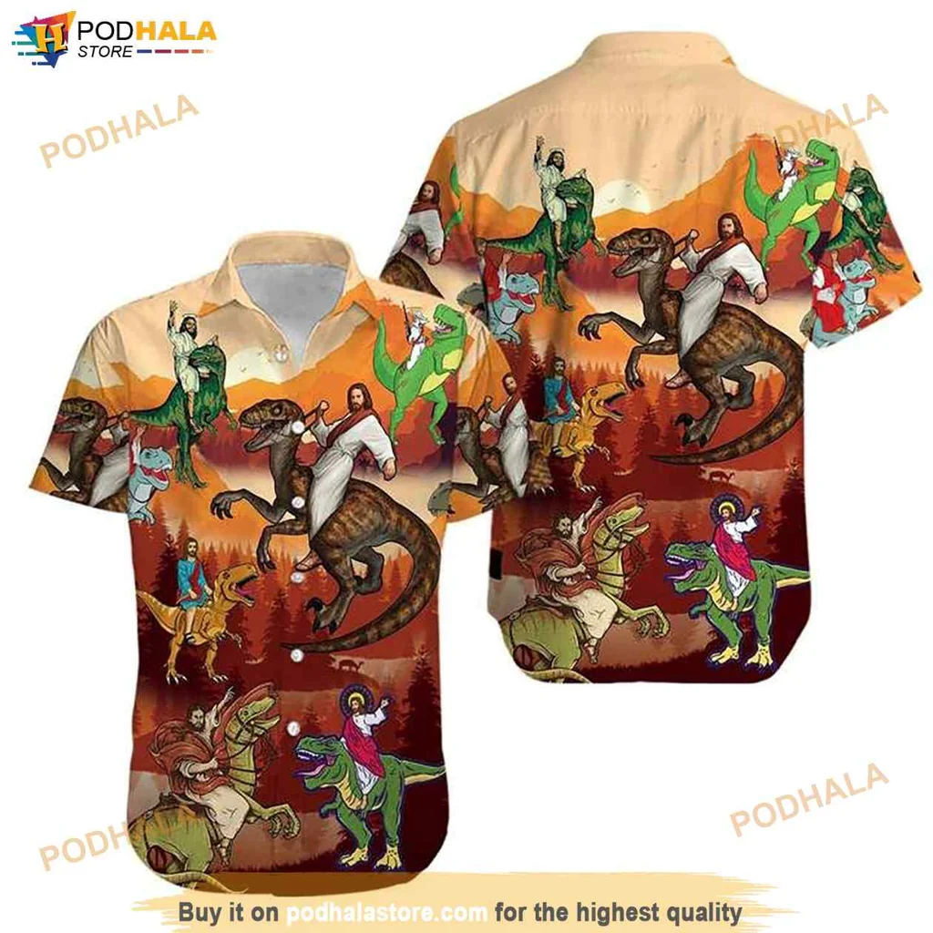 Funny Jesus Dinosaur Hawaiian Shirt, Cartoon T Rex Graphic In Vibrant Colors