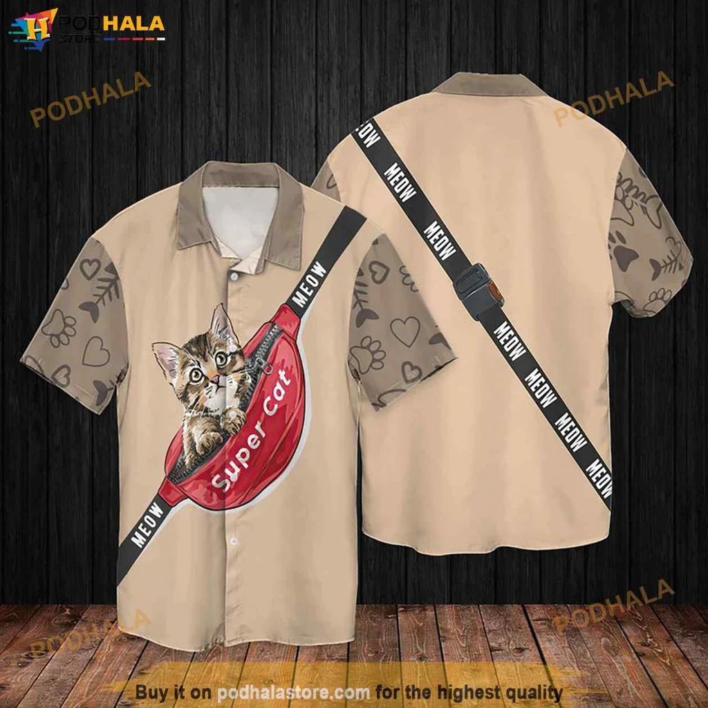 Funny Kitten Aloha Hawaiian Shirt In Beige With Heart Patterned Sleeves