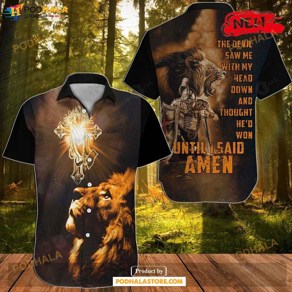 Funny Lion Faith Hawaiian Shirt, Casual Graphic Tee With Lion And Cross Design