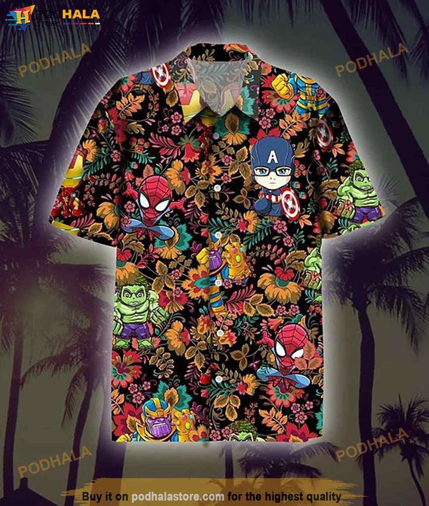 Funny Marvel Hawaiian Shirt, Vibrant Tropical Design With Superheroes For Men