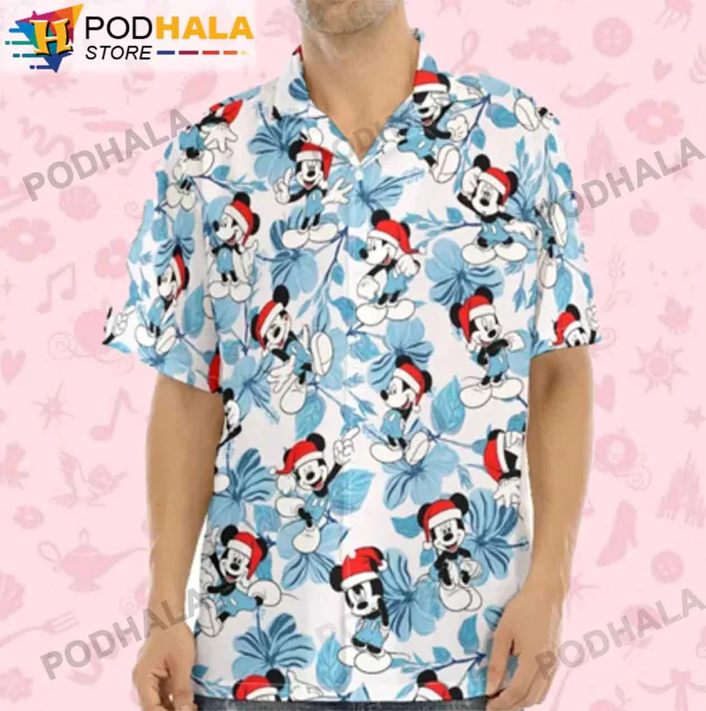 Funny Mickey Mouse Christmas Hawaiian Shirt, Festive Tropical Design With Santa Mickey