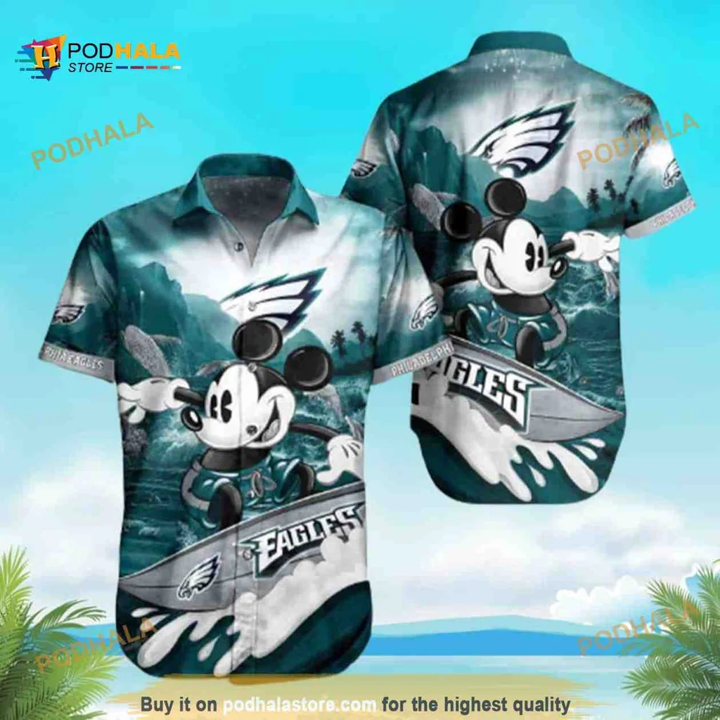 Funny Mickey Mouse Eagles Hawaiian Shirt, Surfing Design For Nfl Fans