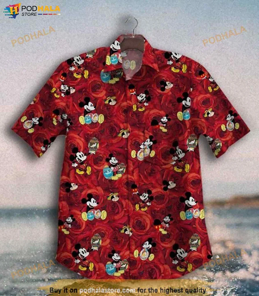 Funny Mickey Mouse Hawaiian Shirt, Vibrant Red Tropical Design For Men