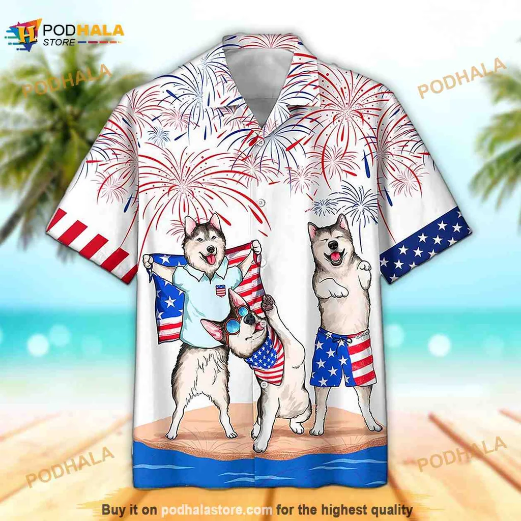 Funny Patriotic Dog Hawaiian Shirt With Usa Flag And Fireworks
