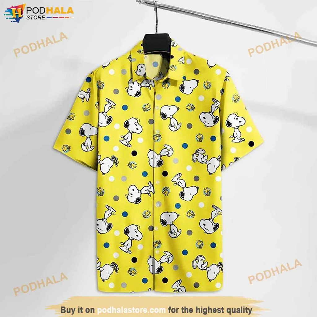 Funny Peanuts Character Hawaiian Shirt With Snoopy And Woodstock, Vibrant Yellow Polka Dots