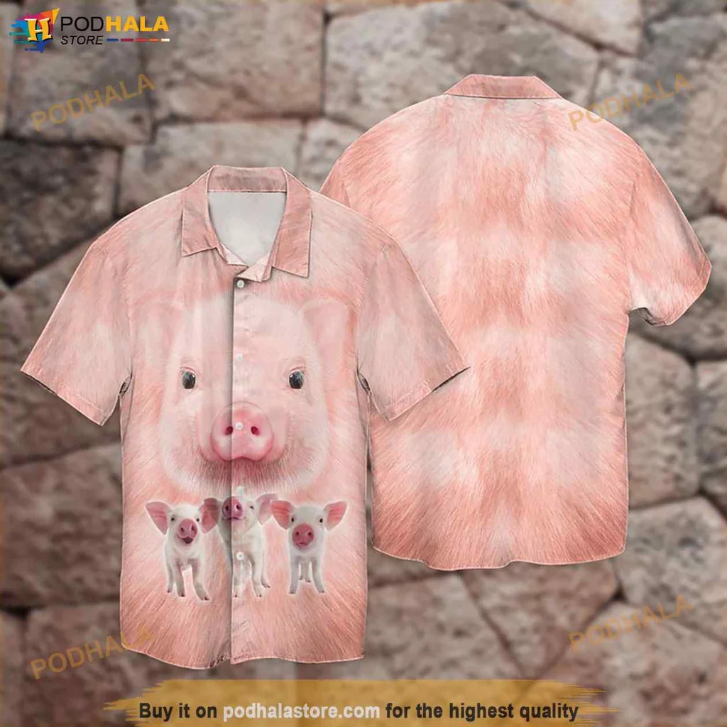 Funny Pig Aloha Shirt With Cartoon Pig Face And Playful Piglets