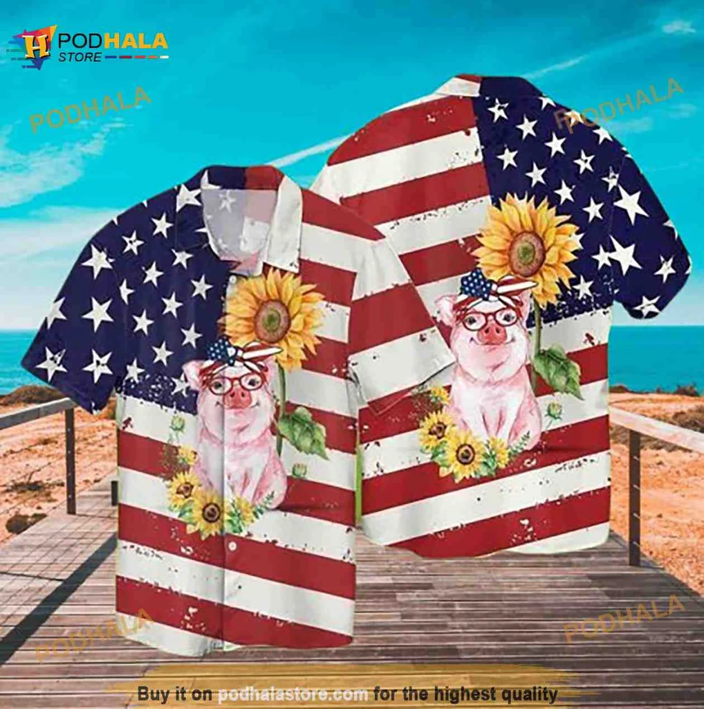 Funny Pig American Flag Hawaiian Shirt With Sunglasses And Sunflower