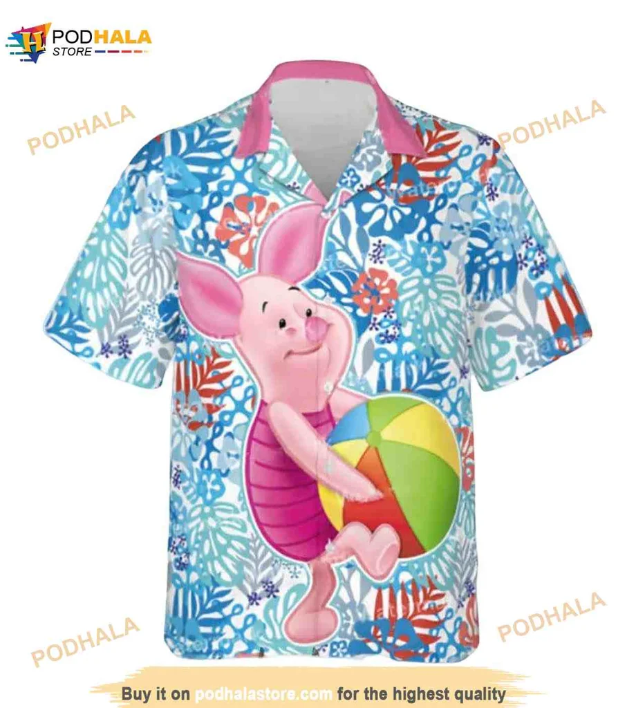 Funny Piglet Cartoon Hawaiian Shirt With Tropical Floral Design