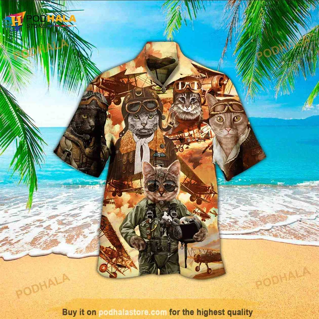 Funny Pilot Cat Hawaiian Shirt With Vibrant Aviation Design