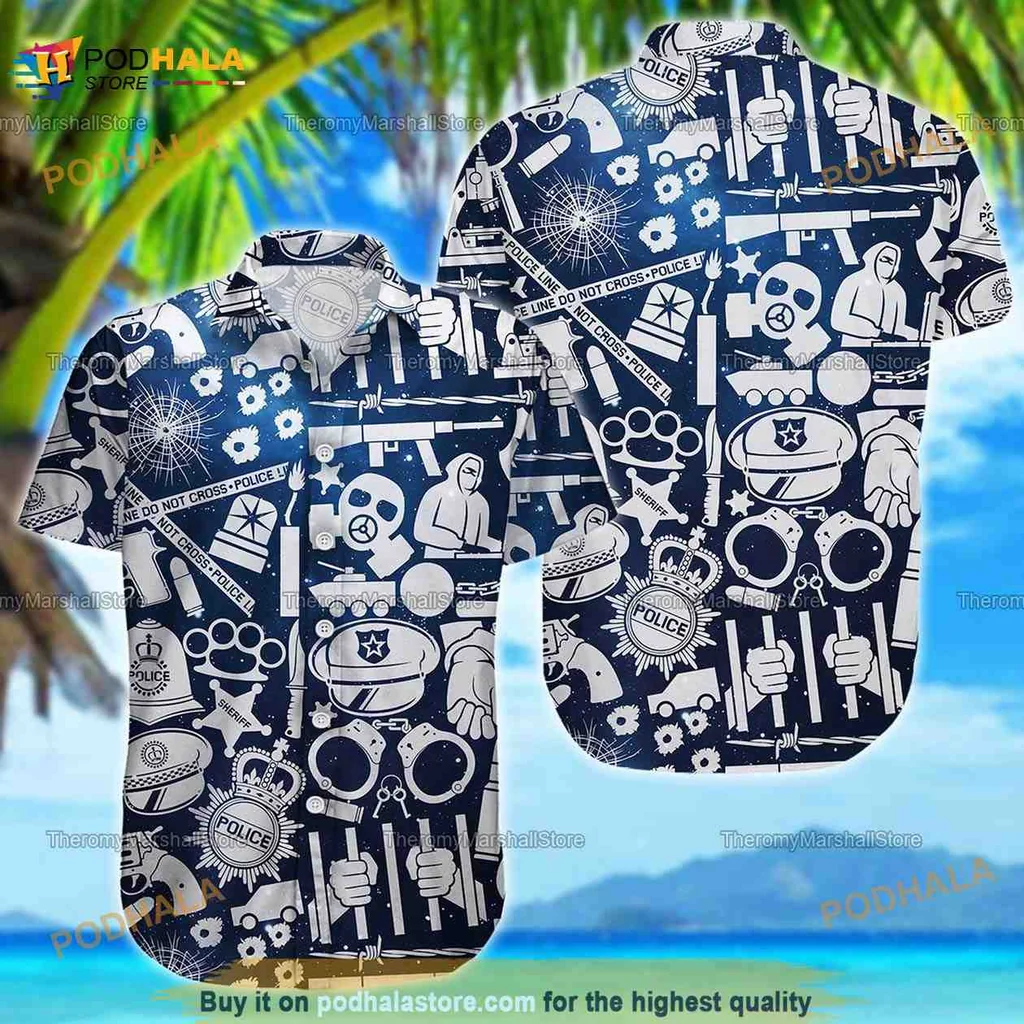 Funny Police Hawaiian Shirt With Badges And Cartoon Skulls
